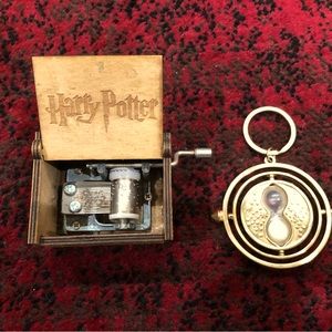 Carved, wooden, Harry Potter music box and official Time Turner keychain